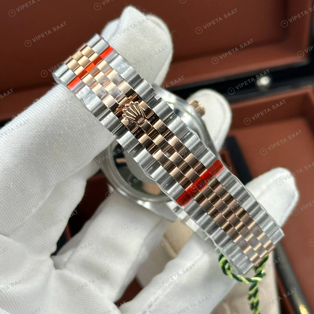 Rolex Datejust 126231 41 mm Yeşil Kadranlı Jubilee Everose İki Renk Pırlanta Super Clone Eta Saat detay 4
