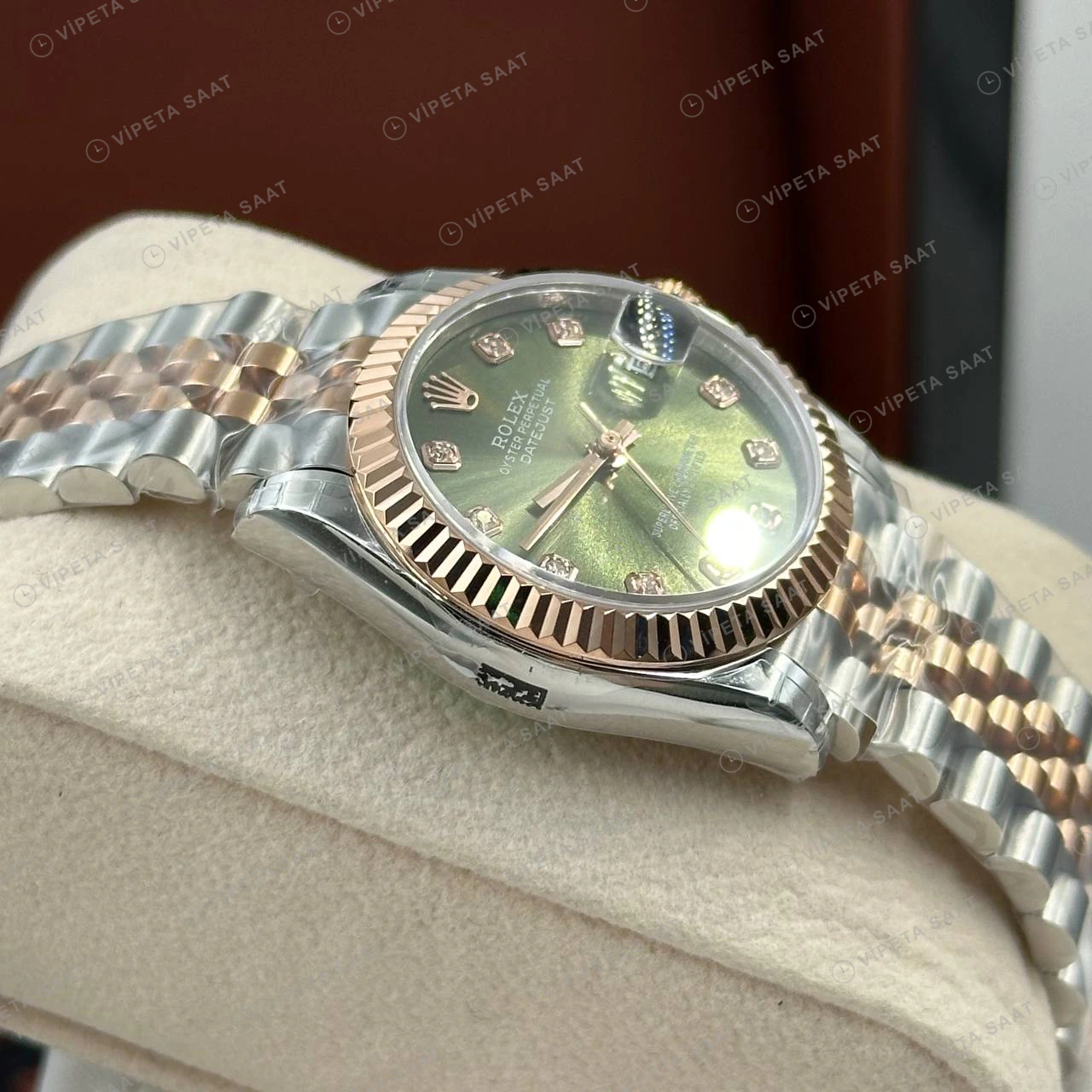 Rolex Datejust 126231 41 mm Yeşil Kadranlı Jubilee Everose İki Renk Pırlanta Super Clone Eta Saat detay 5