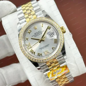 Rolex Datejust 36 mm 126233 Pırlanta İndeksli Beyaz Kadranlı Jubilee Bilezik Fluted (Yivli) Bezel 3235 Super Clone ETA Saat karşıdan görünüm