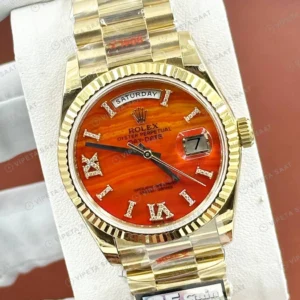 Rolex Datejust 36 mm Turuncu Kadranlı Sarı Altın Görünümlü Özel President Bilezik (Özel Varyant) Pırlanta Taşlı Bezel 3235 Super Clone ETA Saat karşıdan görünüm