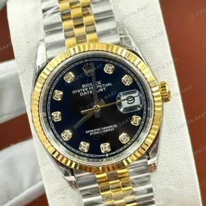 Rolex Datejust 31 mm 278273 Pırlanta İndeksli Mavi Kadranlı Jubilee Bilezik Fluted (Yivli) Bezel 2236 Super Clone ETA Saat karşıdan görünüm