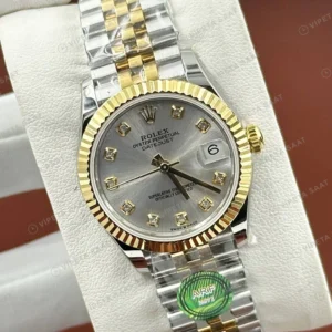 Rolex Datejust 31 mm 278273 Pırlanta İndeksli Gri Kadranlı Jubilee Bilezik Fluted (Yivli) Bezel 2236 Super Clone ETA Saat karşıdan görünüm