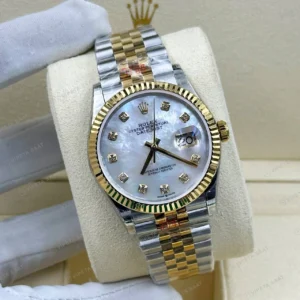 Rolex Datejust 31 mm Pırlanta İndeksli Sedef Kadranlı Yellow Rolesor Jubilee Bilezik Özel Taşlı Bezel 2236 Super Clone ETA Saat karşıdan görünüm