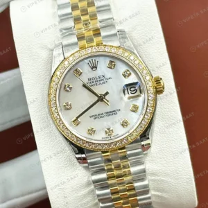 Rolex Datejust 31 mm Pırlanta İndeksli Sedef Kadranlı Yellow Rolesor Jubilee Bilezik Pırlanta Taşlı Bezel 2236 Super Clone ETA Saat karşıdan görünüm