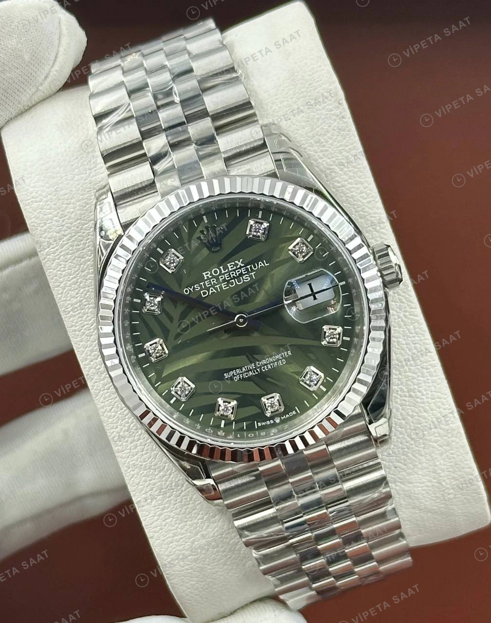 Rolex Datejust 126234 36 mm Yeşil Kadranlı Jubilee Pırlanta Super Clone Eta Saat detay 4