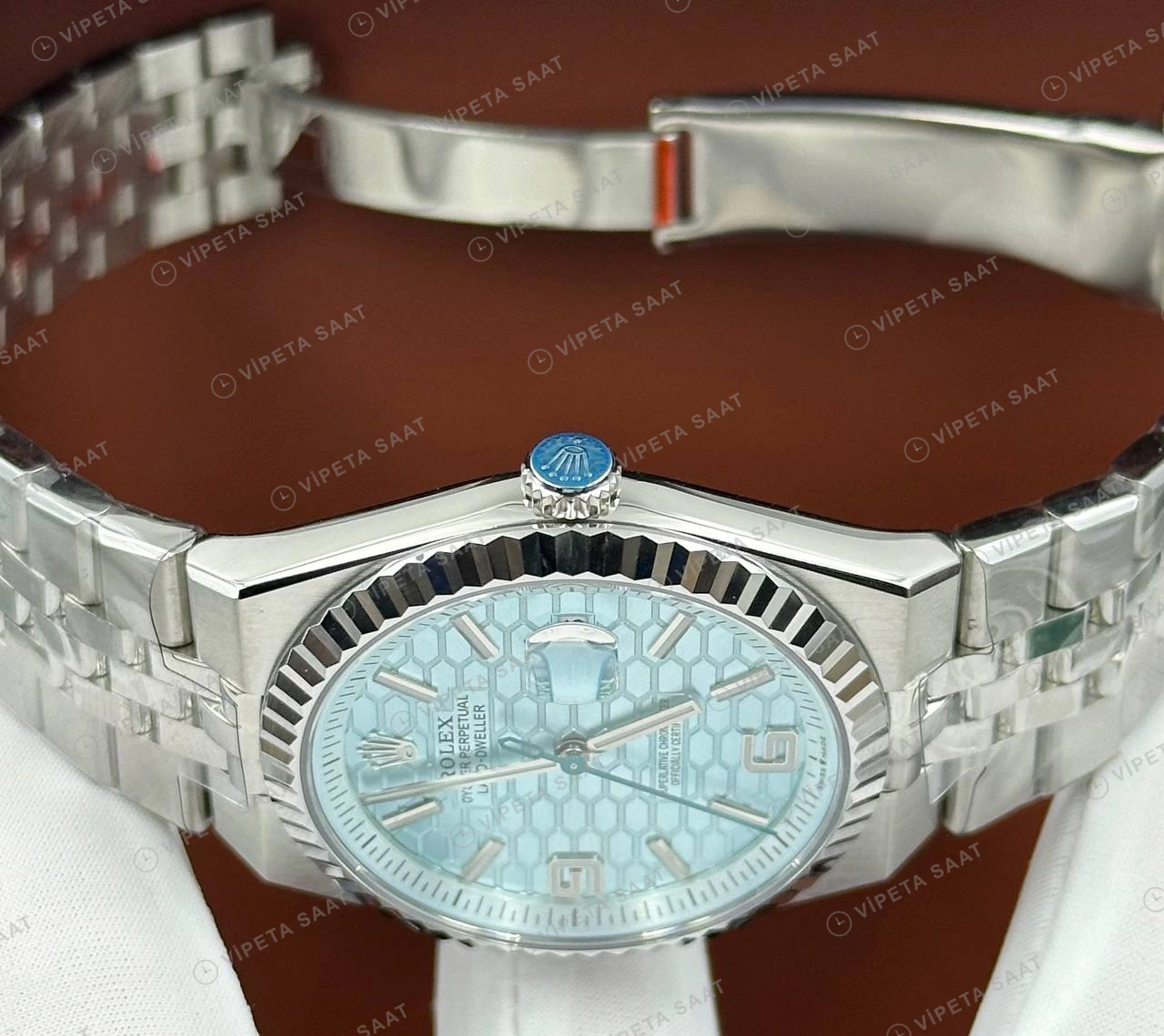 Rolex Datejust 126234 41 mm Buz Mavi Kadranlı Jubilee Fluted Super Clone Eta Saat detay 4