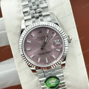 Rolex Datejust 31 mm 278274 Pırlanta İndeksli Pembe Kadranlı Jubilee Bilezik Fluted (Yivli) Bezel 2236 Super Clone ETA Saat karşıdan görünüm