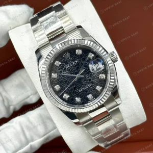 Rolex Datejust 36 mm 126234 Pave Siyah Kadranlı Oyster Bilezik Fluted (Yivli) Bezel 3235 Super Clone ETA Saat karşıdan görünüm