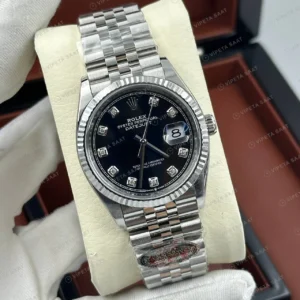 Rolex Datejust 36 mm 126234 Pırlanta İndeksli Siyah Kadranlı Jubilee Bilezik Fluted (Yivli) Bezel 3235 Super Clone ETA Saat karşıdan görünüm