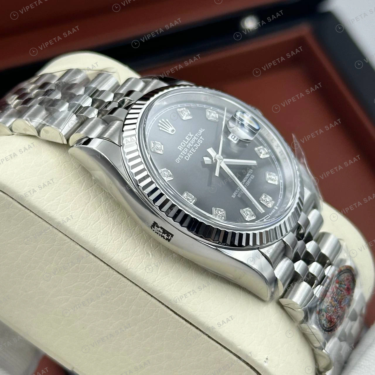 Rolex Datejust 36 mm 126234 Pırlanta İndeksli Siyah Kadranlı Jubilee Bilezik Fluted (Yivli) Bezel 3235 Super Clone ETA Saat detay 4