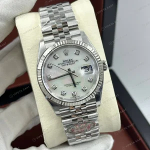 Rolex Datejust 36 mm 126234 Pırlanta İndeksli Sedef Kadranlı Jubilee Bilezik Fluted (Yivli) Bezel 3235 Super Clone ETA Saat karşıdan görünüm