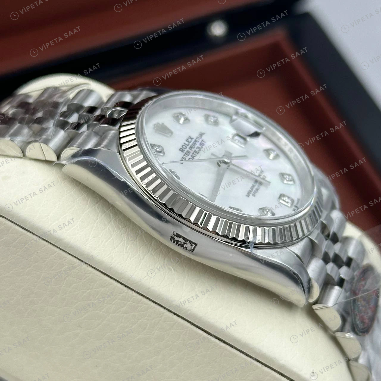 Rolex Datejust 36 mm 126234 Pırlanta İndeksli Sedef Kadranlı Jubilee Bilezik Fluted (Yivli) Bezel 3235 Super Clone ETA Saat detay 4