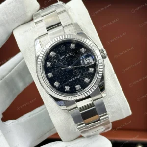Rolex Datejust 36 mm 126200 Pırlanta İndeksli Siyah Kadranlı Oyster Bilezik Smooth / Domed (Düz) Bezel 3235 Super Clone ETA Saat karşıdan görünüm