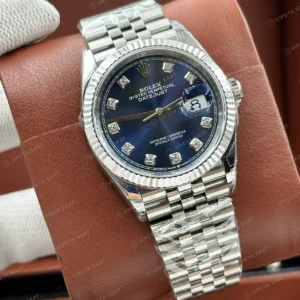 Rolex Datejust 31 mm 278274 Pırlanta İndeksli Mavi Kadranlı Jubilee Bilezik Fluted (Yivli) Bezel 2236 Super Clone ETA Saat karşıdan görünüm