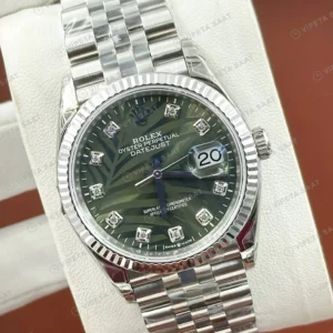 Rolex Datejust 36 mm 126234 Palm Motif Baton İndeksli Mint Yeşil Kadranlı Jubilee Bilezik Fluted (Yivli) Bezel 3235 Super Clone ETA Saat karşıdan görünüm
