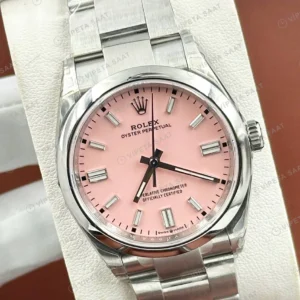 Rolex Datejust 36 mm 126200 Baton İndeksli Pembe Kadranlı Oyster Bilezik Smooth / Domed (Düz) Bezel 3235 Super Clone ETA Saat karşıdan görünüm