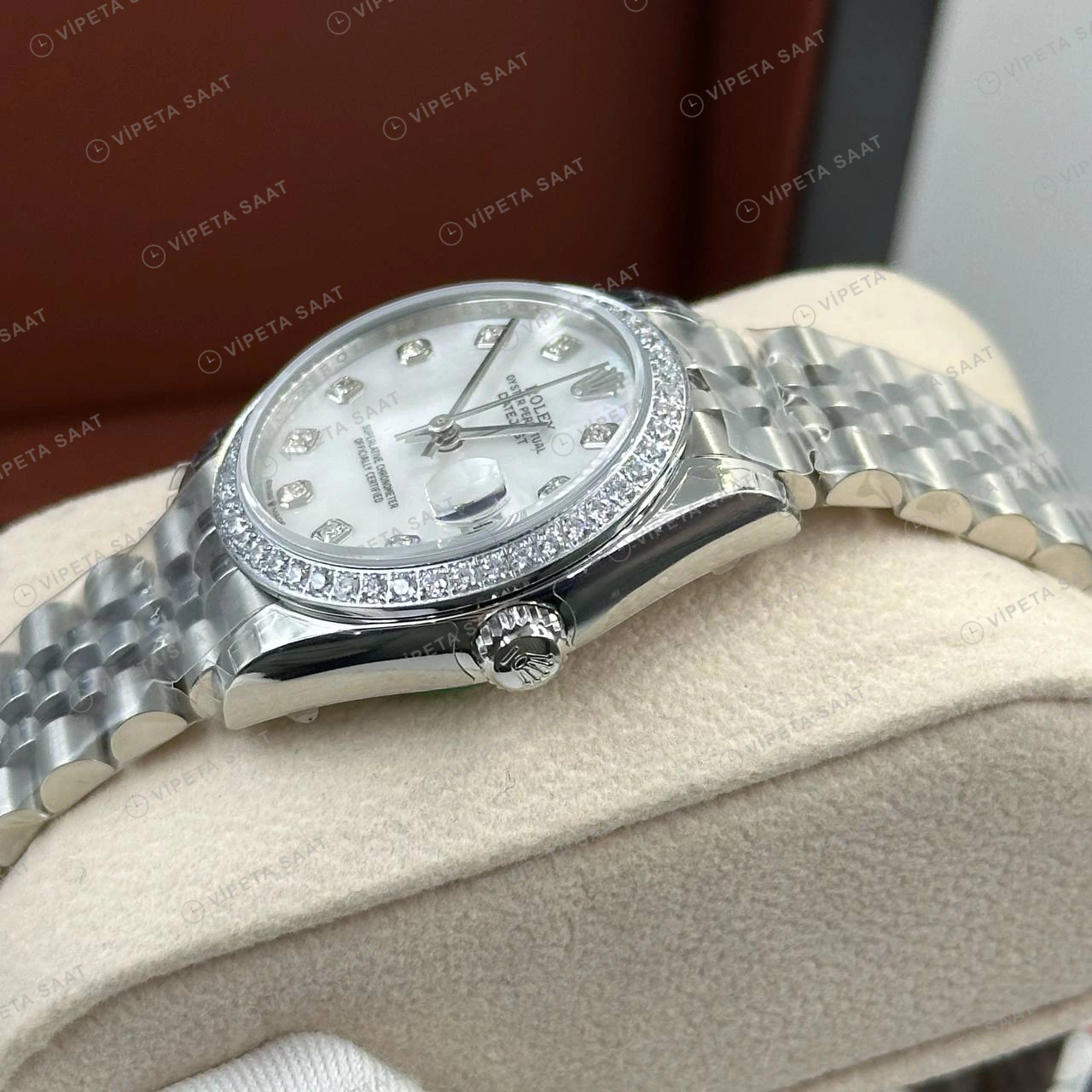 Rolex Datejust 31 mm Pırlanta İndeksli Beyaz Sedef Kadranlı Jubilee Bilezik Pırlanta Taşlı Bezel 2236 Super Clone ETA Saat detay 4