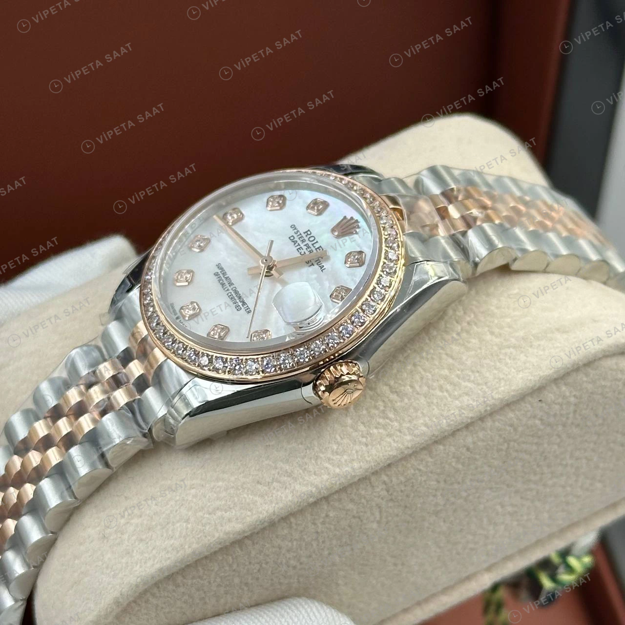 Rolex Datejust 31 mm Pırlanta İndeksli Sedef Kadranlı Everose Rolesor Jubilee Bilezik Pırlanta Taşlı Bezel 2236 Super Clone ETA Saat detay 4