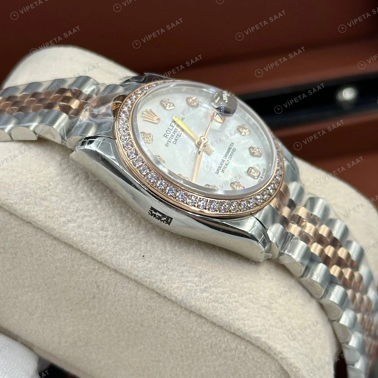 Rolex Datejust 31 mm Pırlanta İndeksli Sedef Kadranlı Everose Rolesor Jubilee Bilezik Pırlanta Taşlı Bezel 2236 Super Clone ETA Saat detay 5