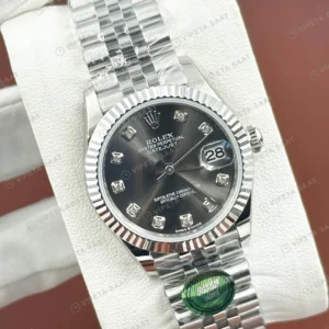 Rolex Datejust 31 mm 278274 Pırlanta İndeksli Koyu Gri Kadranlı Jubilee Bilezik Fluted (Yivli) Bezel 2236 Super Clone ETA Saat karşıdan görünüm