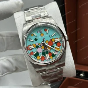 Rolex Datejust 36 mm 126200 Celebration Baton İndeksli Turkuaz Kadranlı Oyster Bilezik Smooth / Domed (Düz) Bezel 3235 Super Clone ETA Saat karşıdan görünüm