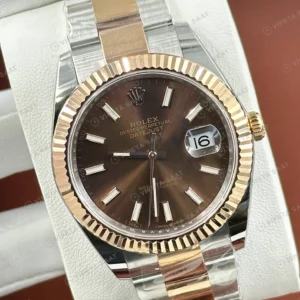 Rolex Datejust 41 mm 126331 Fluted Motif Kahve Kadranlı Jubilee Bilezik Fluted (Yivli) Bezel 3235 Super Clone ETA Saat karşıdan görünüm