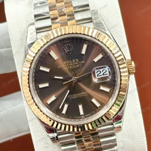 Rolex Datejust 36 mm 126231 Kahve Kadranlı Jubilee Bilezik Fluted (Yivli) Bezel 3235 Super Clone ETA Saat karşıdan görünüm