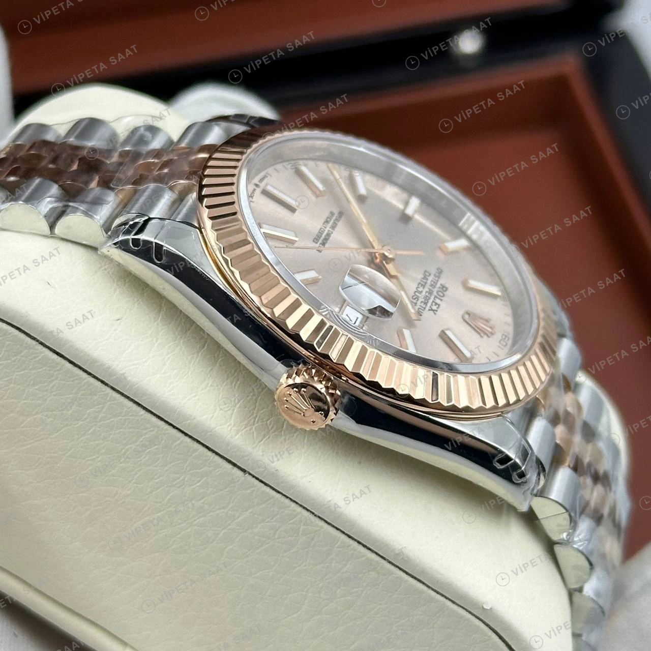 Rolex Datejust 31 mm 278271 Pembe Kadranlı Jubilee Bilezik Fluted (Yivli) Bezel 2236 Super Clone ETA Saat detay 4