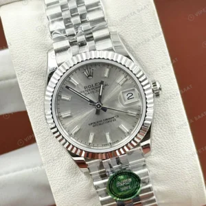 Rolex Datejust 31 mm 278274 Pırlanta İndeksli Gümüş Kadranlı Jubilee Bilezik Fluted (Yivli) Bezel 2236 Super Clone ETA Saat karşıdan görünüm