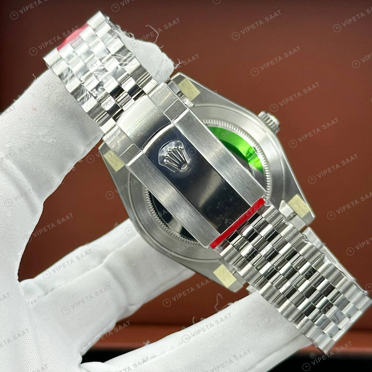 Rolex Datejust 41 mm 126334 Palm Motif Yeşil Kadranlı Jubilee Bilezik Fluted (Yivli) Bezel 3235 Super Clone ETA Saat detay 5