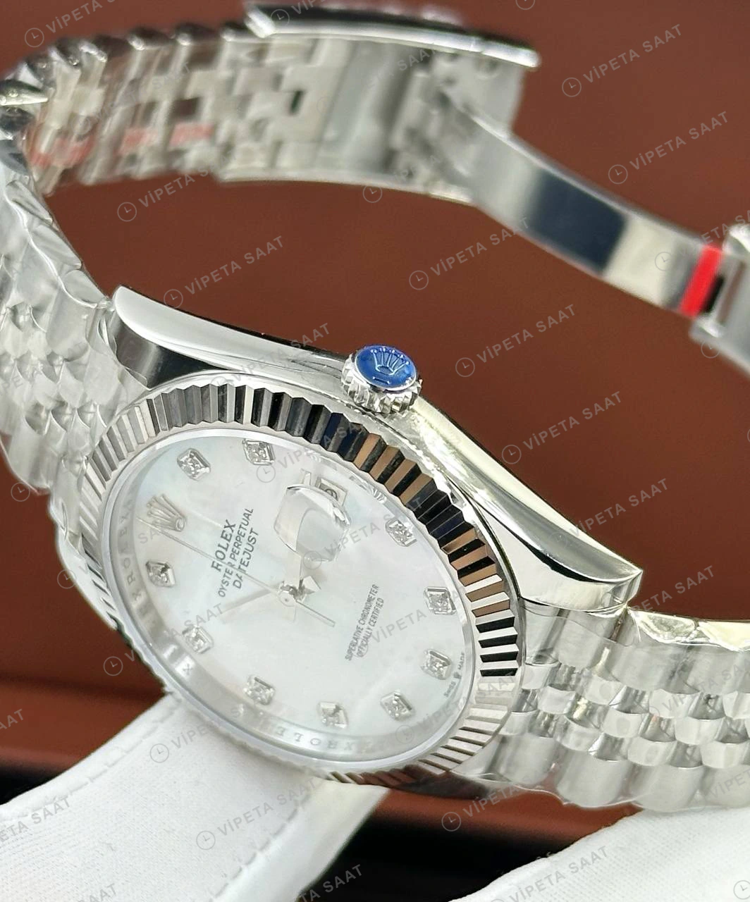Rolex Datejust 41 mm 126334 Pırlanta İndeksli Sedef Kadranlı Jubilee Bilezik Fluted (Yivli) Bezel 3235 Super Clone ETA Saat detay 4
