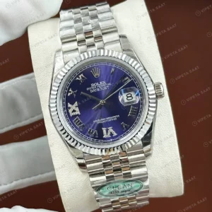 Rolex Datejust 36 mm 126234 Roma Rakamlı Mavi Kadranlı Jubilee Bilezik Fluted (Yivli) Bezel 3235 Super Clone ETA Saat karşıdan görünüm
