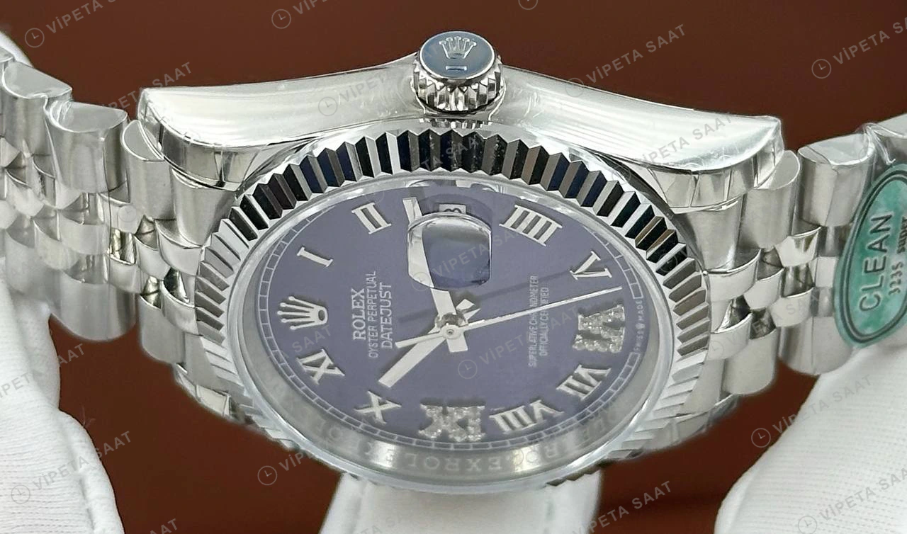 Rolex Datejust 36 mm 126234 Roma Rakamlı Mavi Kadranlı Jubilee Bilezik Fluted (Yivli) Bezel 3235 Super Clone ETA Saat detay 6