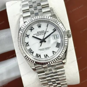 Rolex Datejust 36 mm 126234 Roma Rakamlı Beyaz Kadranlı Jubilee Bilezik Fluted (Yivli) Bezel 3235 Super Clone ETA Saat karşıdan görünüm