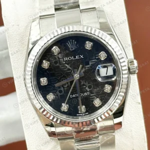 Rolex Datejust 36 mm 126234 Pırlanta İndeksli Siyah Kadranlı Oyster Bilezik Fluted (Yivli) Bezel 3235 Super Clone ETA Saat karşıdan görünüm