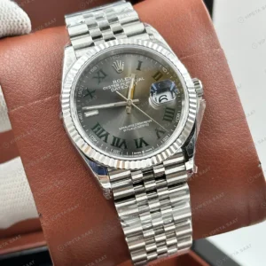 Rolex Datejust 36 mm 126234 Wimbledon Gri Kadranlı Jubilee Bilezik Fluted (Yivli) Bezel 3235 Super Clone ETA Saat karşıdan görünüm