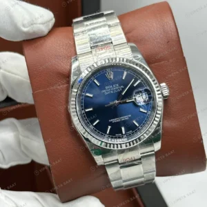 Rolex Datejust 36 mm 126234 Baton İndeksli Lacivert Kadranlı Jubilee Bilezik Fluted (Yivli) Bezel 3235 Super Clone ETA Saat karşıdan görünüm