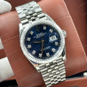 Rolex Datejust 36 mm 126234 Pırlanta İndeksli Lacivert Kadranlı Jubilee Bilezik Fluted (Yivli) Bezel 3235 Super Clone ETA Saat karşıdan görünüm