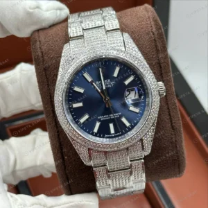 Rolex Datejust 41 mm Mavi Kadranlı Özel Taşlı Oyster Bilezik Pırlanta Taşlı Bezel 3235 Super Clone ETA Saat karşıdan görünüm