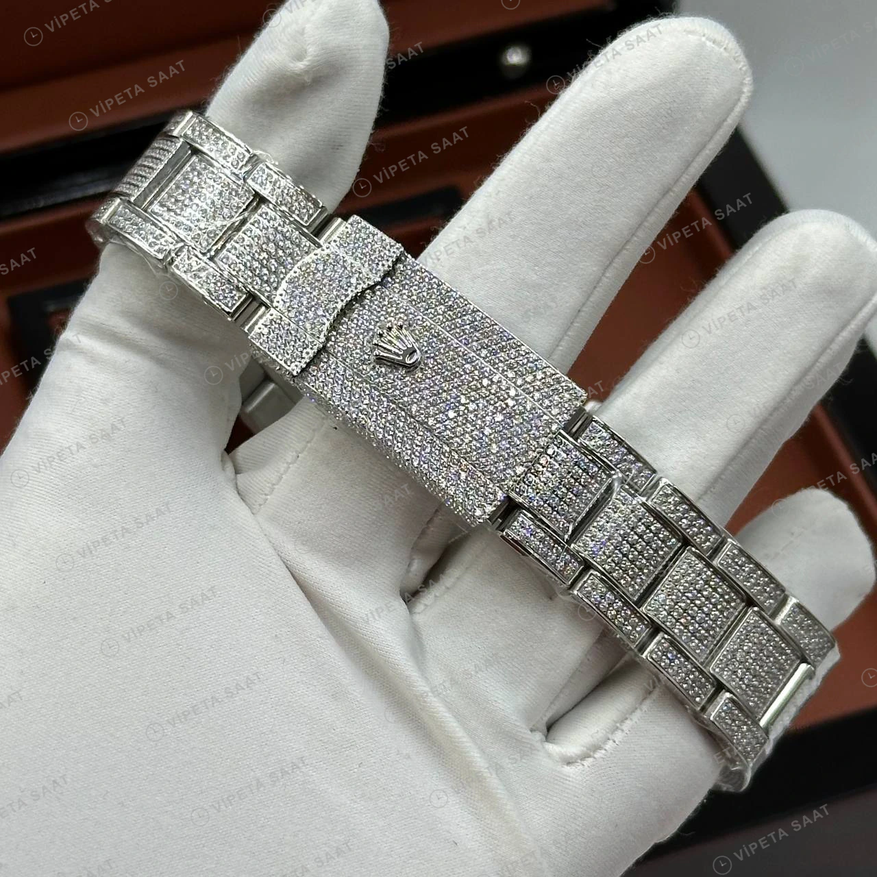 Rolex Datejust 41 mm Mavi Kadranlı Özel Taşlı Oyster Bilezik Pırlanta Taşlı Bezel 3235 Super Clone ETA Saat detay 6