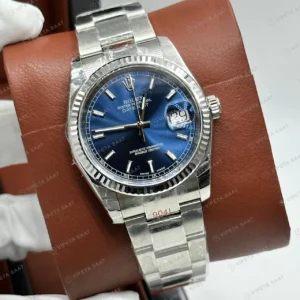 Rolex Datejust 36 mm 126234 Baton İndeksli Parlak Mavi Kadranlı Jubilee Bilezik Fluted (Yivli) Bezel 3235 Super Clone ETA Saat karşıdan görünüm