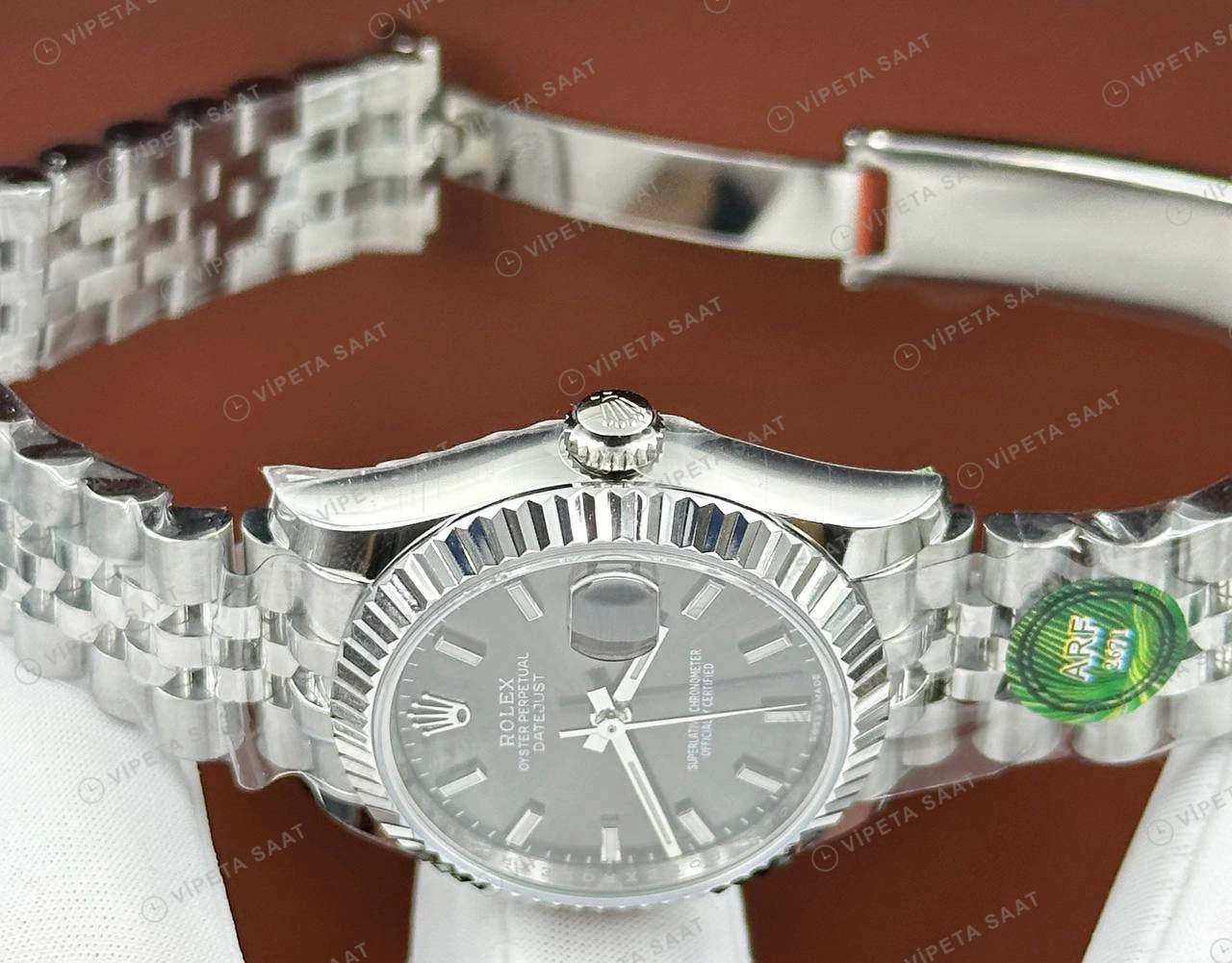 Rolex Datejust 31 mm 278274 Baton İndeksli Siyah Kadranlı Jubilee Bilezik Fluted (Yivli) Bezel 2236 Super Clone ETA Saat detay 4