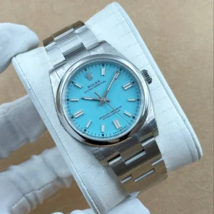 Rolex Datejust 36 mm 126200 Baton İndeksli Turkuaz Kadranlı Oyster Bilezik Smooth / Domed (Düz) Bezel 3235 Super Clone ETA Saat karşıdan görünüm