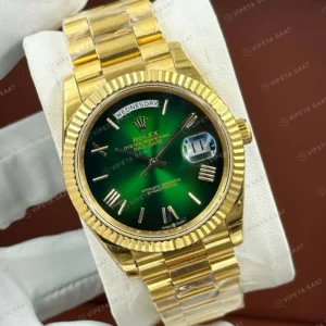 Rolex Day-Date 128238 36 mm fluted Yeşil Kadranlı President Sarı Altın Super Clone Eta Saat karşıdan görünüm