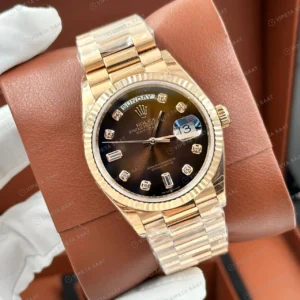 Rolex Day-Date 128238 36 mm Kahve Kadranlı President Sarı Altın Pırlanta Super Clone Eta Saat karşıdan görünüm