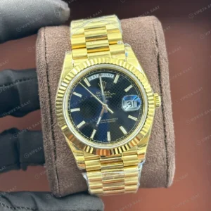 Rolex Day-Date 128238 36 mm Mavi Kadranlı President Sarı Altın Super Clone Eta Saat karşıdan görünüm