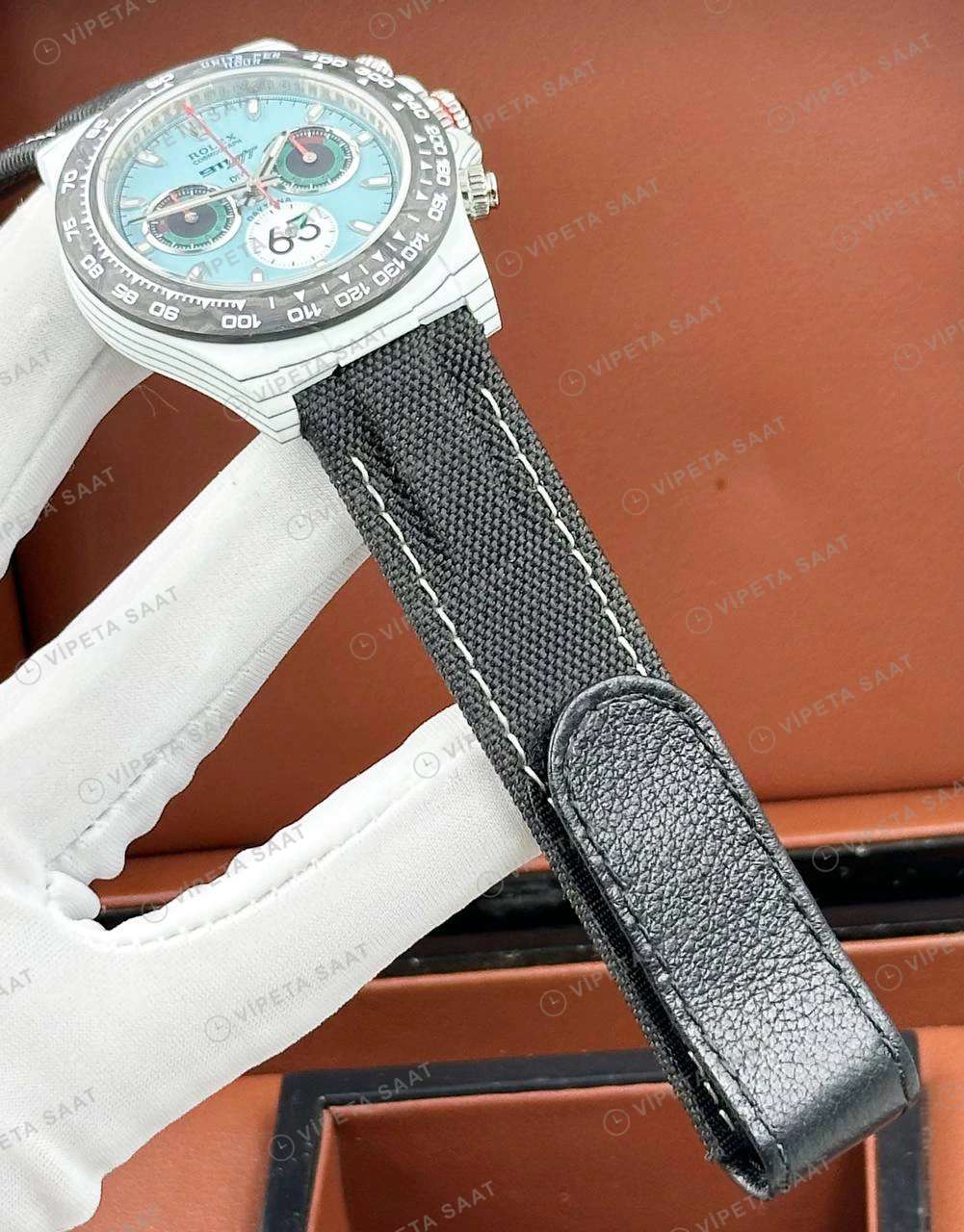 Rolex Daytona 116506 40 mm Buz Mavi Kadranlı Seramik Deri Super Clone Eta Saat detay 5