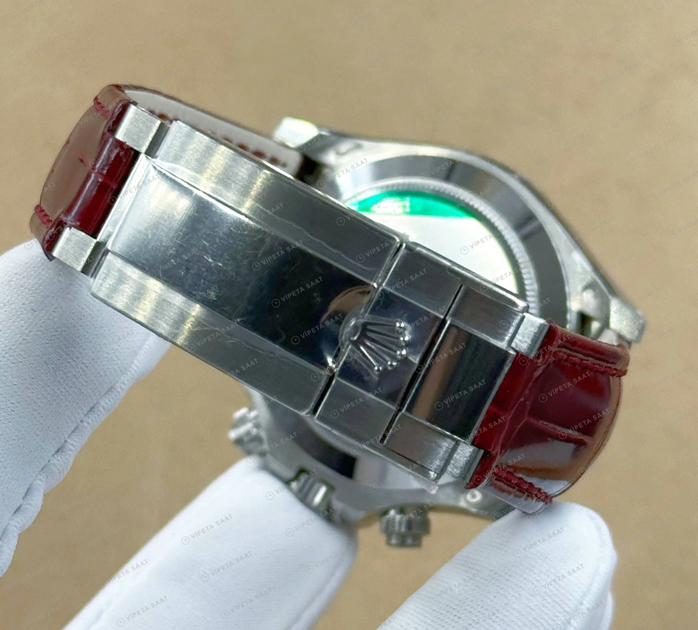 Rolex Daytona 126508 40 mm Kırmızı Kadranlı Sarı Altın Deri Super Clone Eta Saat detay 4