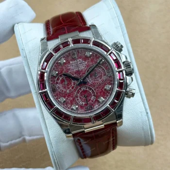Rolex Daytona 126508 40 mm Kırmızı Kadranlı Sarı Altın Deri Super Clone Eta Saat detay 6