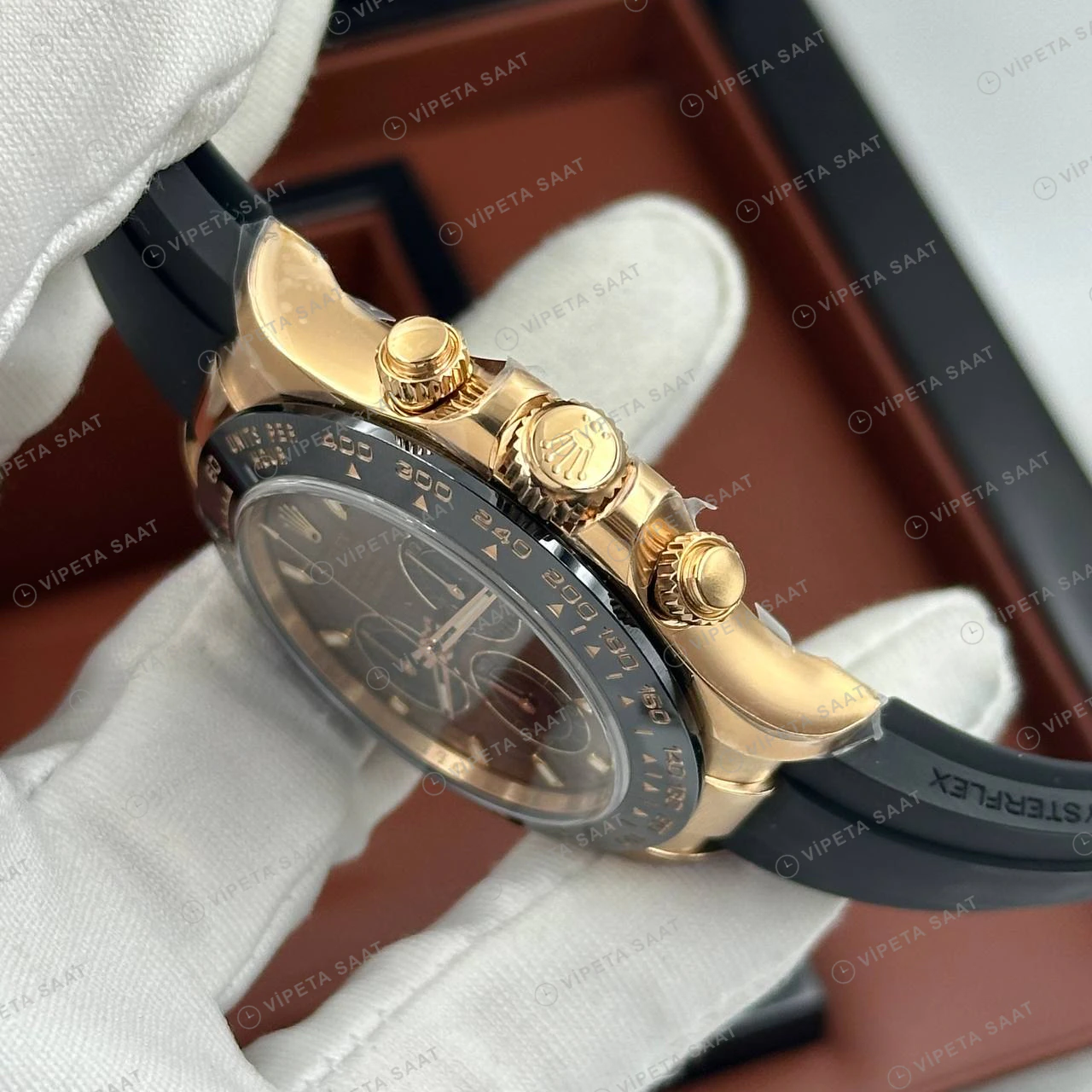 Rolex Daytona 126518LN 40 mm Siyah Kadranlı Oysterflex Everose İki Renk Super Clone Eta Saat detay 4